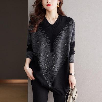 中年妈妈秋冬羊毛衫中长款V领毛衣女宽松加肥大码洋气针织打底裙
