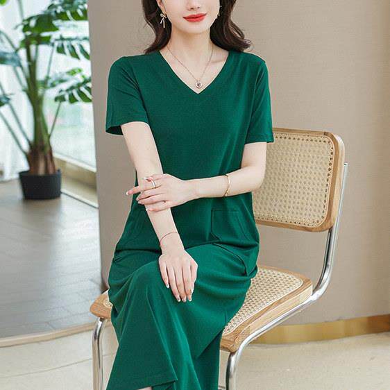 短袖V领洋装女夏季纯棉t恤裙长版过膝大尺码宽松显瘦休闲裙子洋派