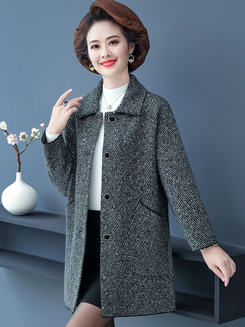 妈妈装春秋新款高贵羊毛外套洋气开衫上衣中年女士毛呢羊绒套装