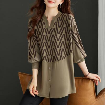 中年妈妈秋装洋气假两件优雅波浪纹衬衣遮肉宽松加肥加大上衣T恤