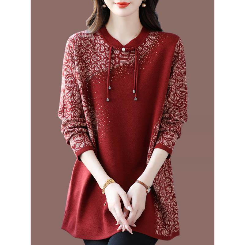 新中式羊毛衫毛衣女中长款针织打底衫秋冬宽松大码中年妈妈A字裙