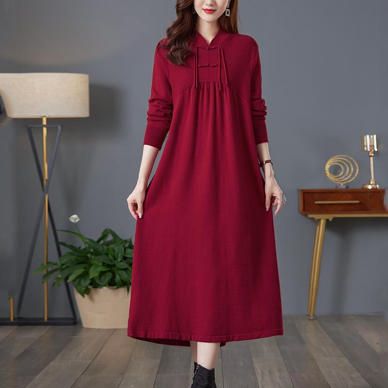 加大码中国风旗袍款连衣裙女洋气过膝长款裙子胖mm宽松打底毛衣裙