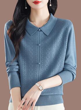 桑蚕丝长袖t恤女宽松2025秋装妈妈薄款上衣洋气polo领针织打底衫