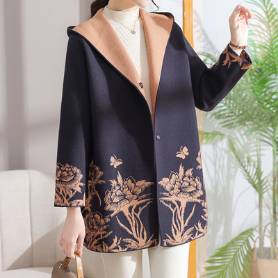 中年妈妈秋装外套洋气新款中老年女双面穿连帽羊毛针织大衣大码