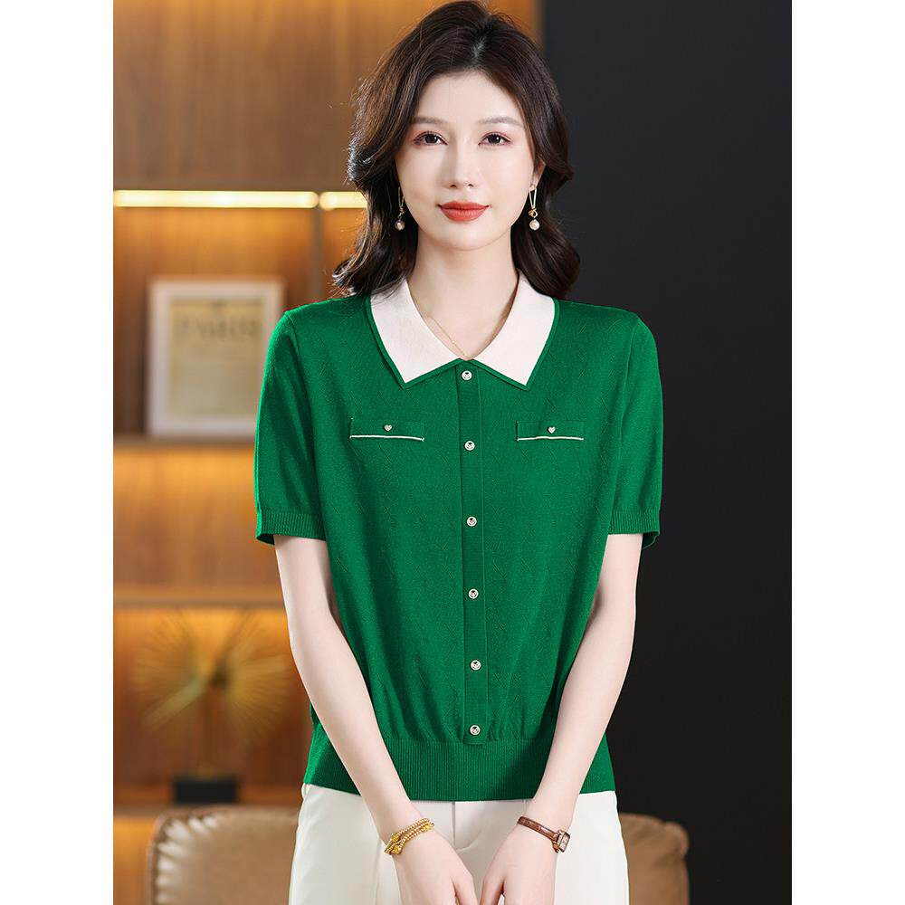 采购产品Lyocell天丝母亲短袖t恤，夏季冰丝针织衫，中老年人桑蚕 - 实物图