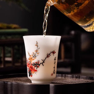 女士主人茶杯高级感冰种玉瓷单杯小号家用品茗杯高颜值陶瓷手绘杯