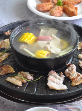 一体锅涮烤两用多功能烤盘商用大铸铁烧烤火锅烤肉铁板锅