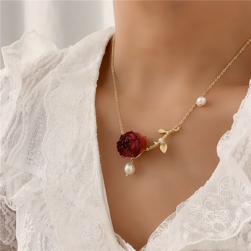 法式复古超仙气质田园风光树枝叶滴胶永生花真花珍珠项链真花锁骨