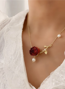 法式复古超仙气质田园风光树枝叶滴胶永生花真花珍珠项链真花锁骨