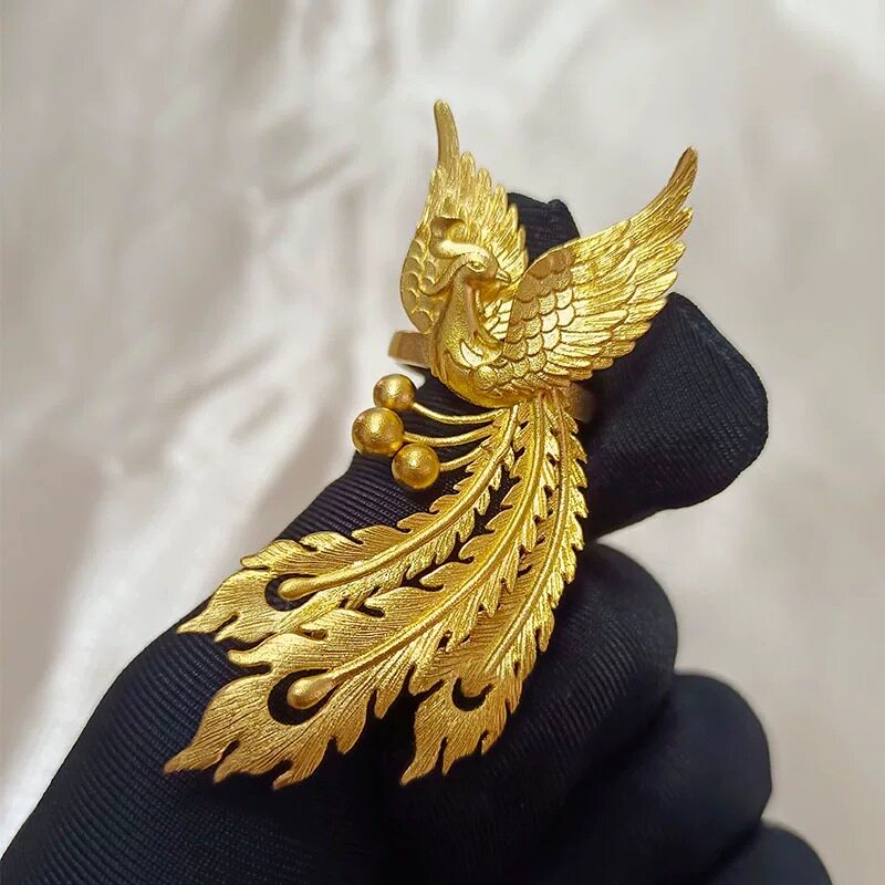 金店同款沙金仿真金凤凰婚嫁戒指女款轻奢高级感指环手饰新中式图片