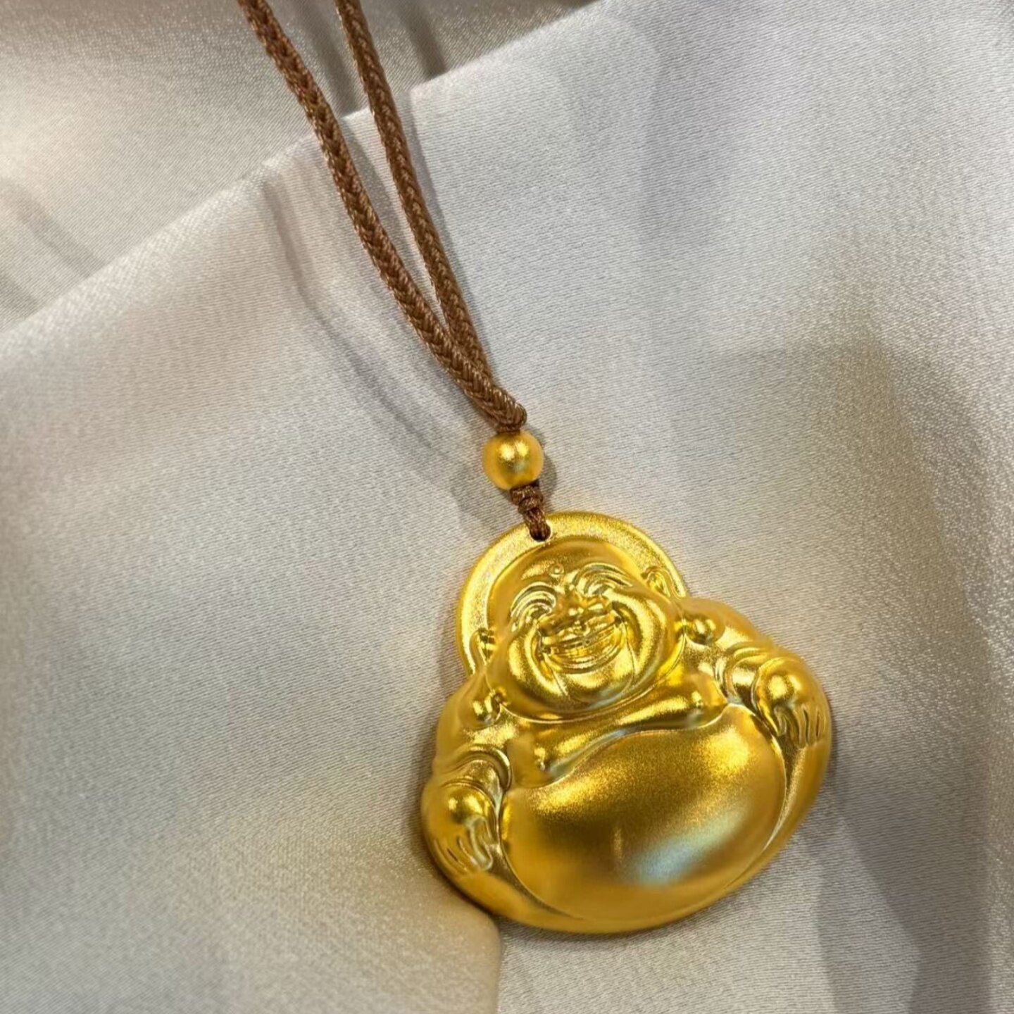 黄金色项链古法项链毛衣链锁骨链项链沙金弥勒佛笑佛吊坠佛像女款