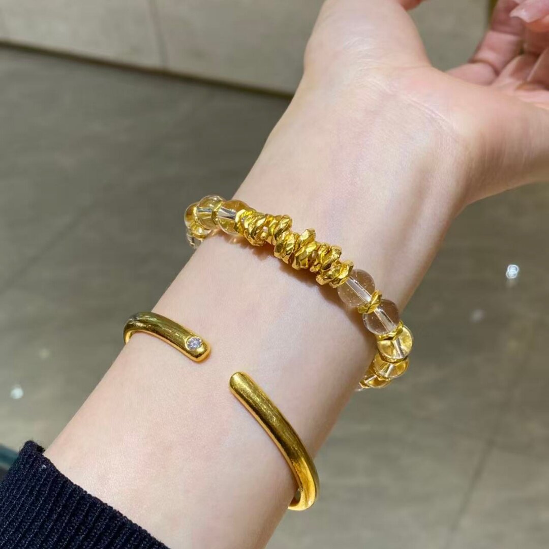 金店同款沙金女高级感手饰黄金色手串精致百搭白水晶盘缠手链饰品图片