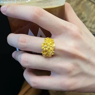 金店同款沙金仿真金繁花锦簇戒指女款轻奢高级感指环送女友礼物