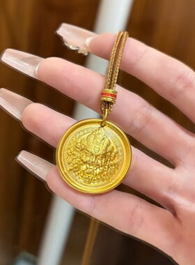 仿金沙金黄金色古法锤纹黄财神项链毛衣链吊坠女轻奢锁骨链高端