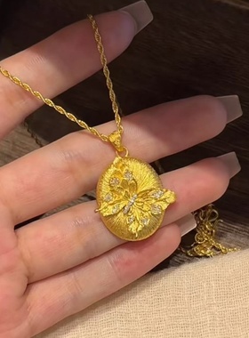 仿金沙金黄金色古法拉丝蝴蝶结吊坠毛衣链女轻奢锁骨链高端项链