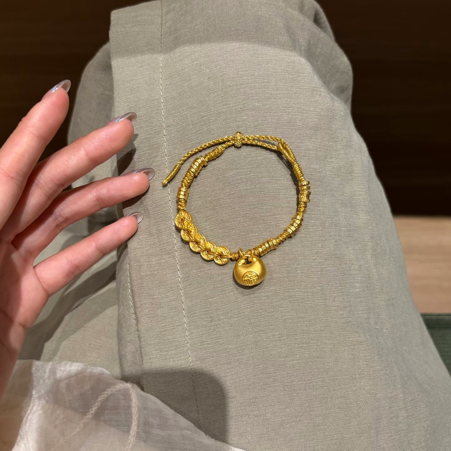 金店同款沙金仿真金胖福盘缠五帝钱币手链钱袋子黄金色盘缠手绳图片