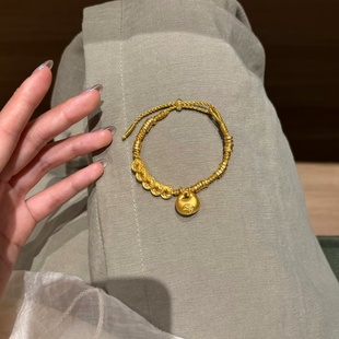 金店同款沙金仿真金胖福盘缠五帝钱币手链钱袋子黄金色盘缠手绳