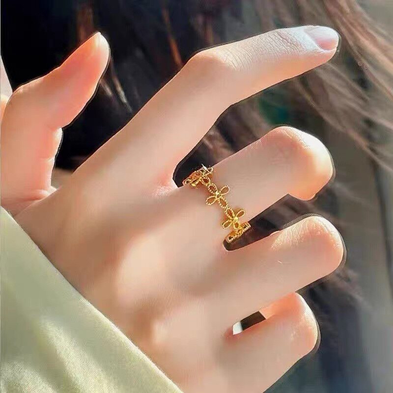 越南沙金仿真花朵四叶花戒指女款古法素圈实心仿真简约素圈礼物