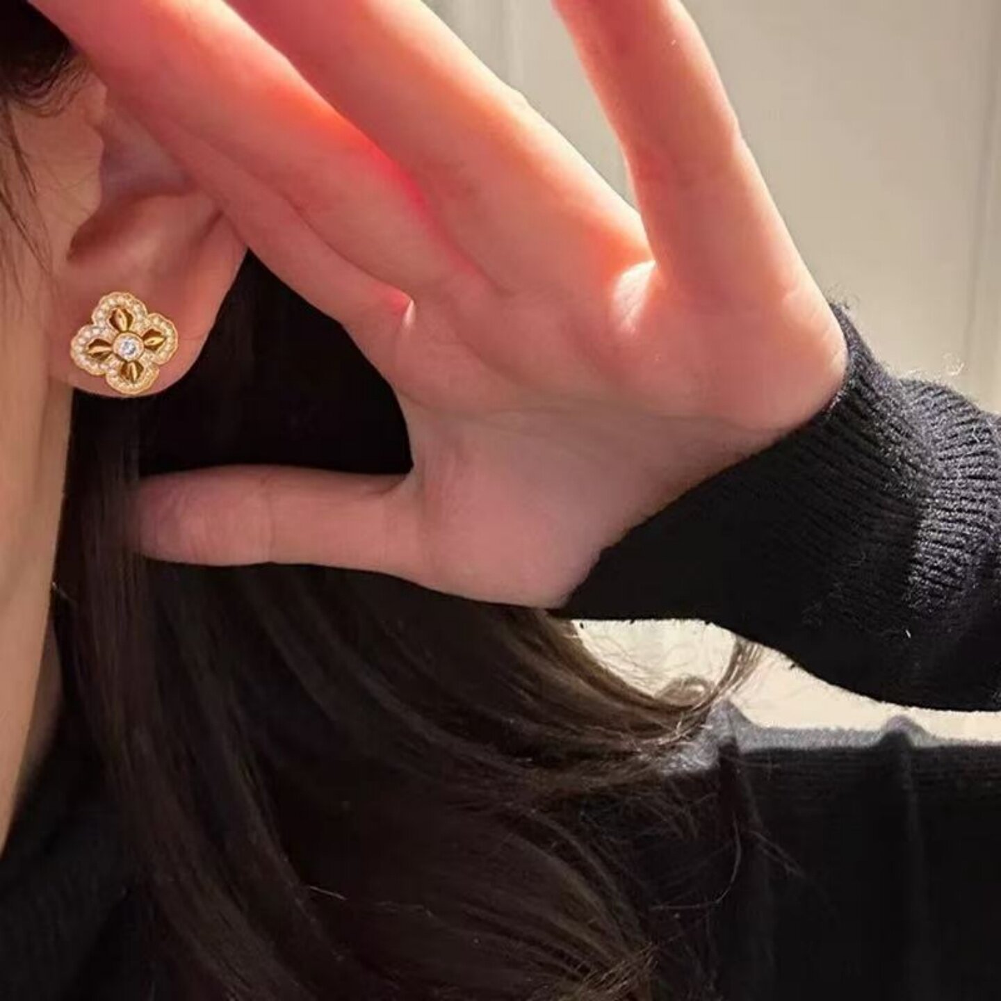 拉丝点钻金刚杵耳钉女金色气质时尚高级感精致古法沙金轻奢高级