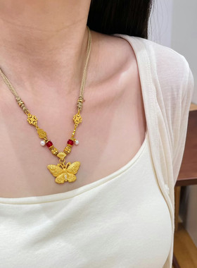 金店同款沙金仿真金篆刻蝴蝶吊坠女款高级感项链送女友礼物锁骨链