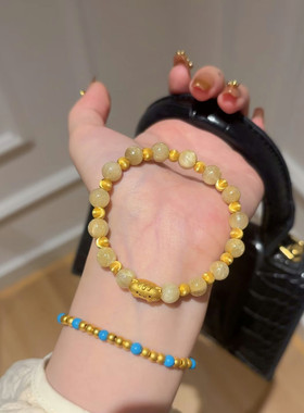 金店同款沙金仿真金黄水晶拉丝金珠手链女款高级感手串送女友礼物