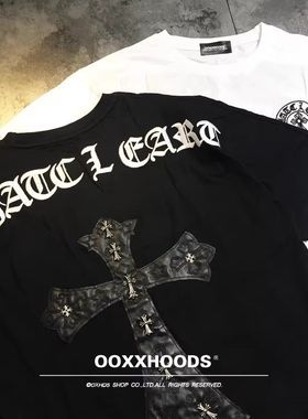 A034立体刺绣PU皮质金属十字架正肩短袖大码男装M4XLP36