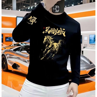 秋冬加绒潮牌时尚圆领卫衣男士青年马图案印花长袖打底衫上衣男装