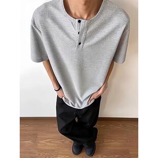 花灰色亨利领短袖t恤男夏季美式华夫格亨利衫cleanfit小领口半袖