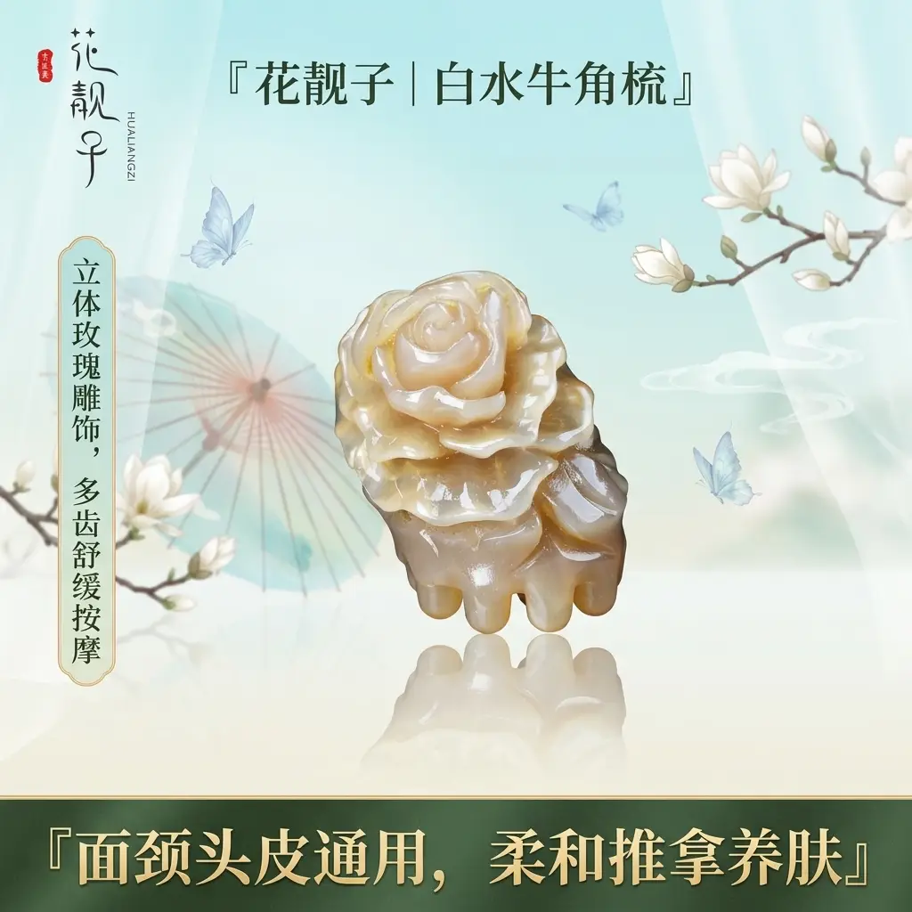 花靓子天然白水牛角梳玫瑰按摩梳面部刮痧板美容养生工具经络疏通