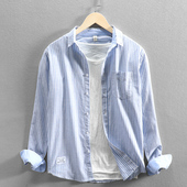 男纯棉休闲宽松时尚 清仓条纹长袖 衬衫 通勤潮流牛津纺商务衬衣上班