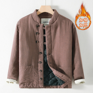 男士棉麻立领棉服外套加厚加棉保暖大码宽松苎麻国风新中式男装