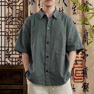 休闲新品新中式国风高端口袋新款棉麻衬衫外套翻领宽松亚麻上衣男