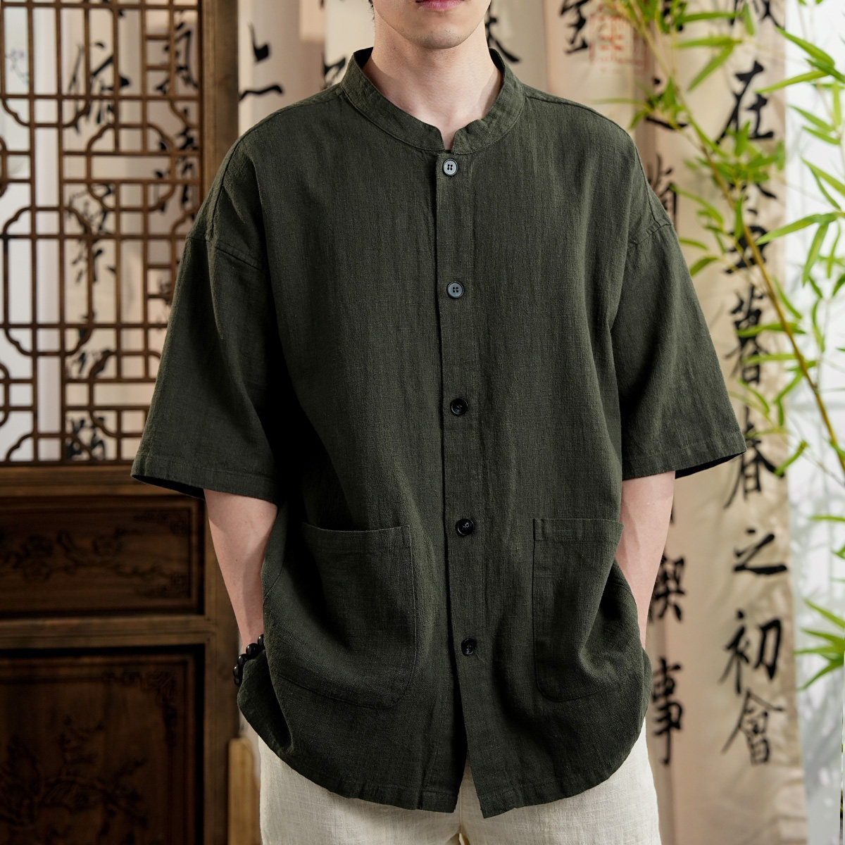 男士棉麻男装衬衫外套宽松落肩五分袖透气苎麻新中式慵懒风男装