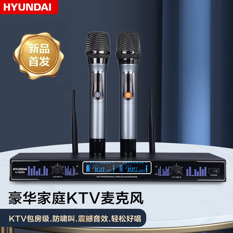 现代U8900无线话筒一拖二麦克风 防啸叫高保真U段家用KTV会议K歌