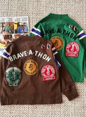 2025春季新款 日系儿童拼接条纹贴布徽章刺绣字母企鹅纯棉开衫