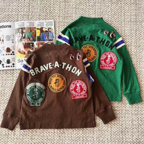 2025春季新款 日系儿童拼接条纹贴布徽章刺绣字母企鹅纯棉开衫