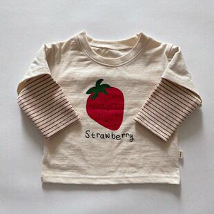 哦哦乐韩国童装婴幼童装春秋款可爱洋气纯棉假两件草莓T恤水果上