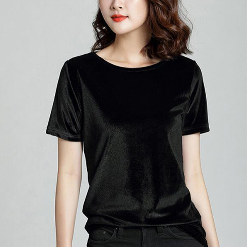 早春新款金丝绒女上衣修身显瘦圆领有领贴休闲黑色短袖简约打底衫,女装/女士精品,T恤,淘宝优惠券,粉丝福利购,淘宝优惠卷