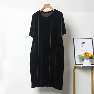 秋冬新款高端金丝绒连衣裙韩版大码宽松腰气质短袖圆领套头中长款