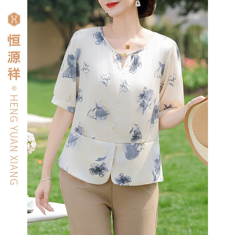 恒源祥小衫短袖印花上衣薄款雪纺衫中年国风时尚妈妈装女装T恤衫