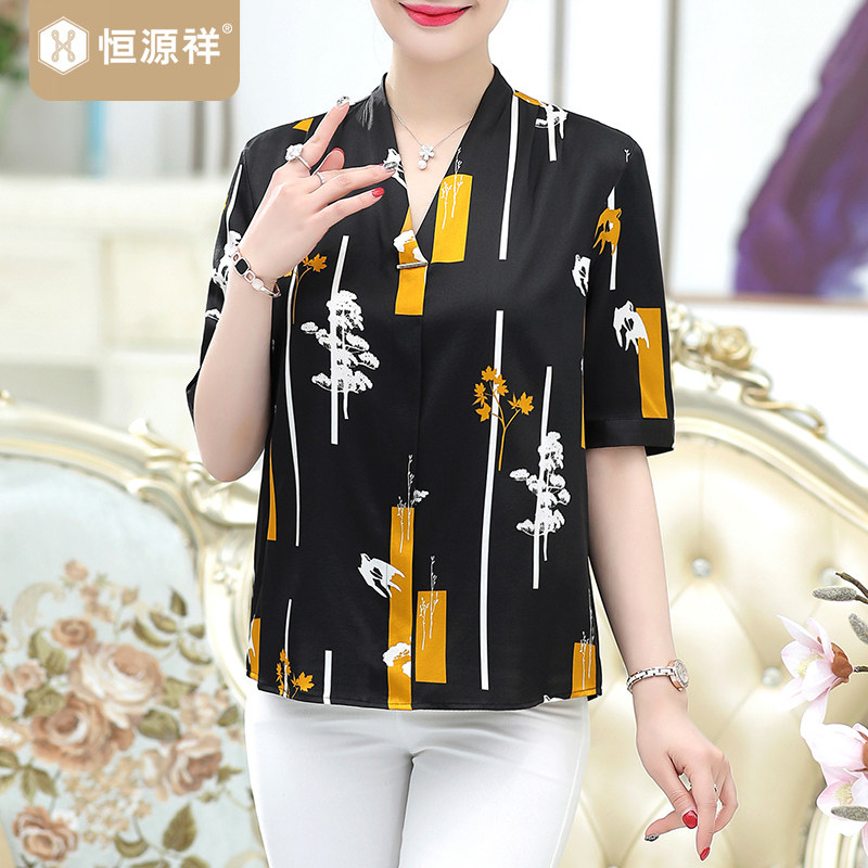 恒源祥中老年T恤夏季套头女装雪纺妈妈装洋气宽松上衣短袖体恤衫