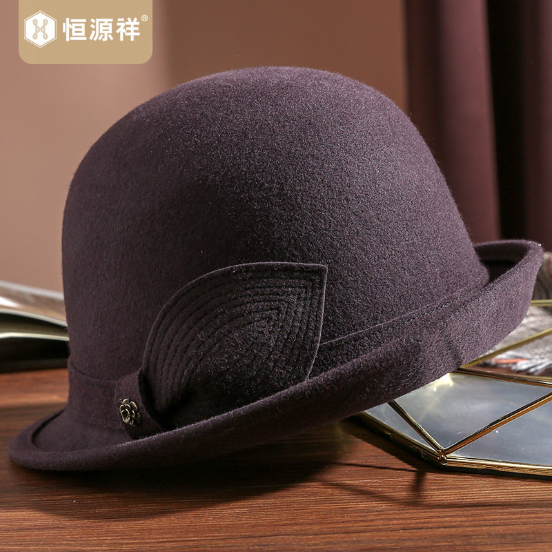 恒源祥纯色羊毛帽子女式秋冬季100%绵羊毛贝雷帽适合圆脸韩版新款