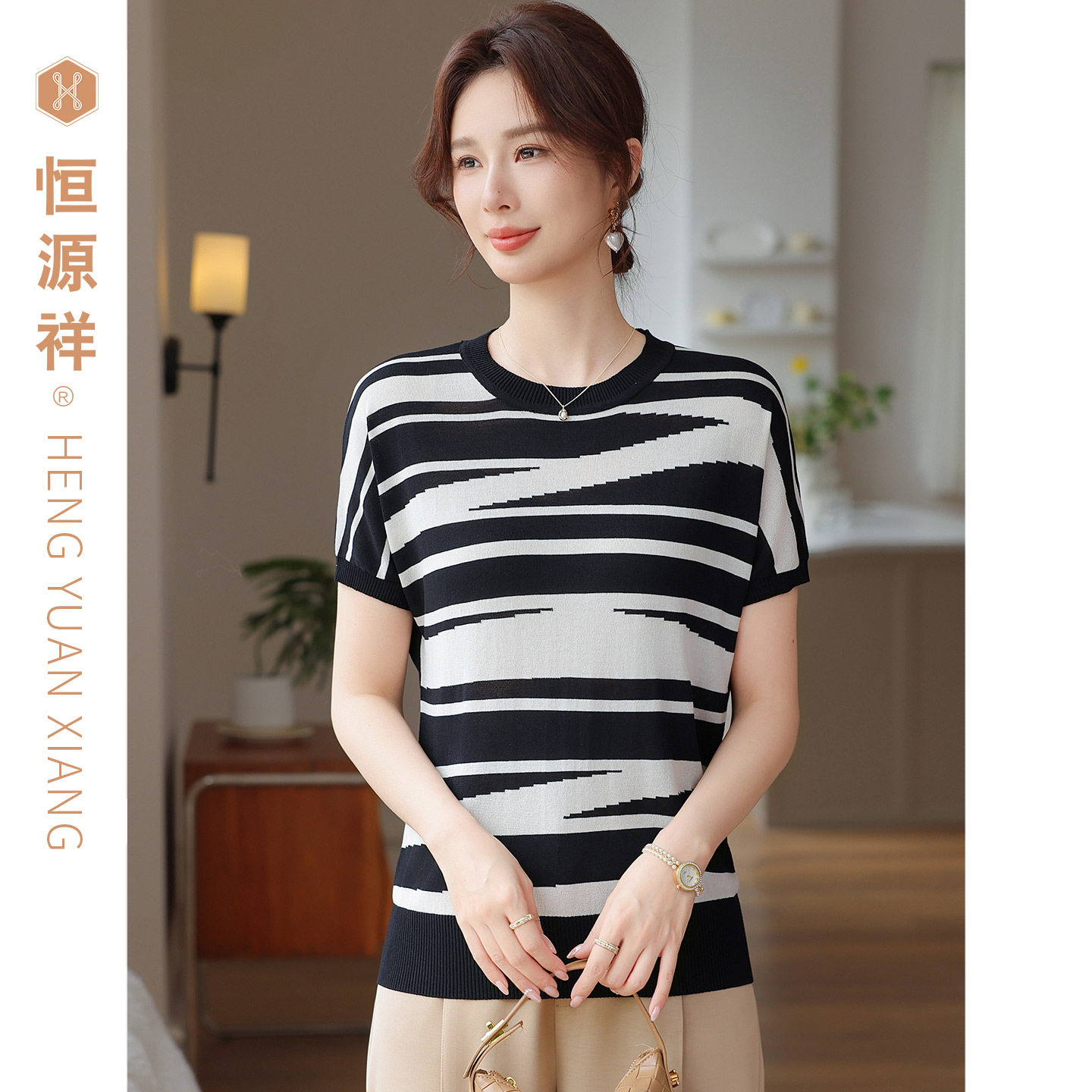 恒源祥条纹短袖T恤女夏装通勤风圆领针织衫中年妈妈装2026年简约