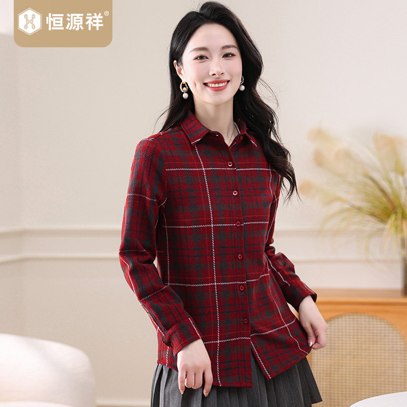 恒源祥纯棉格子衬衫女春秋薄款长袖宽松休闲衬衣文艺复古上衣外套