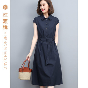 清仓恒源祥连衣裙女装纯棉深色夏装裙子长裙高腰裙纯色新款妈妈装