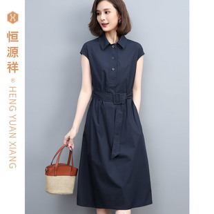 妈妈装 裙子长裙高腰裙纯色新款 纯棉深色文艺夏装 恒源祥连衣裙女装