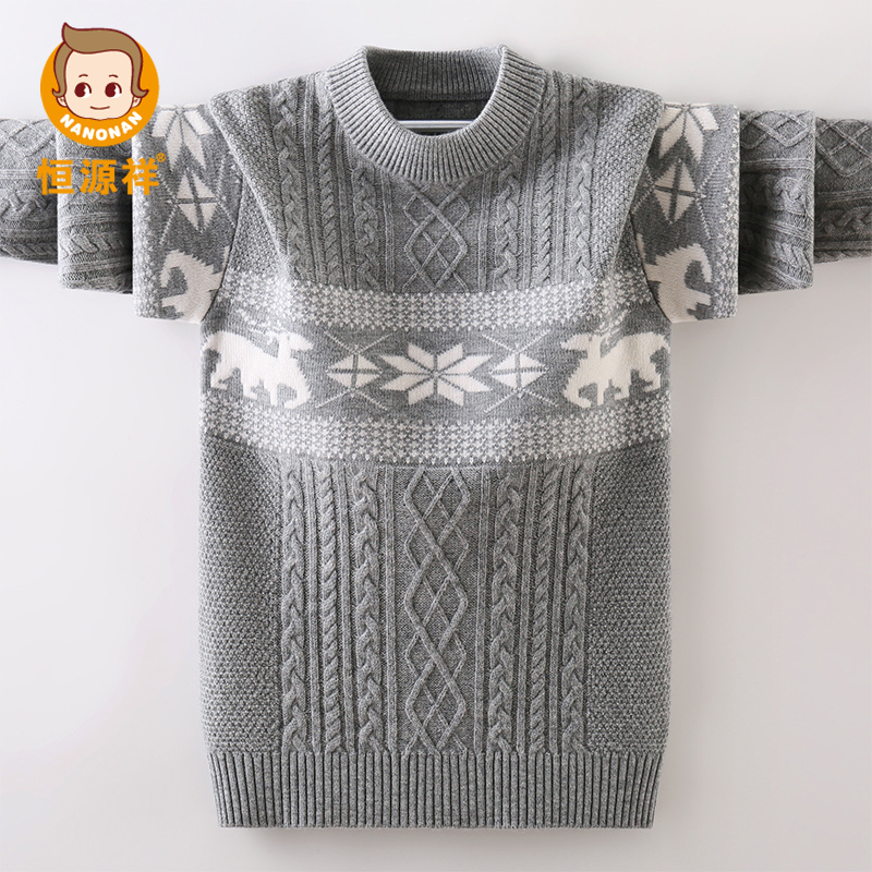 恒源祥打底羊毛衫男童半高领圣诞针织秋冬加厚毛衣中大童印花儿童