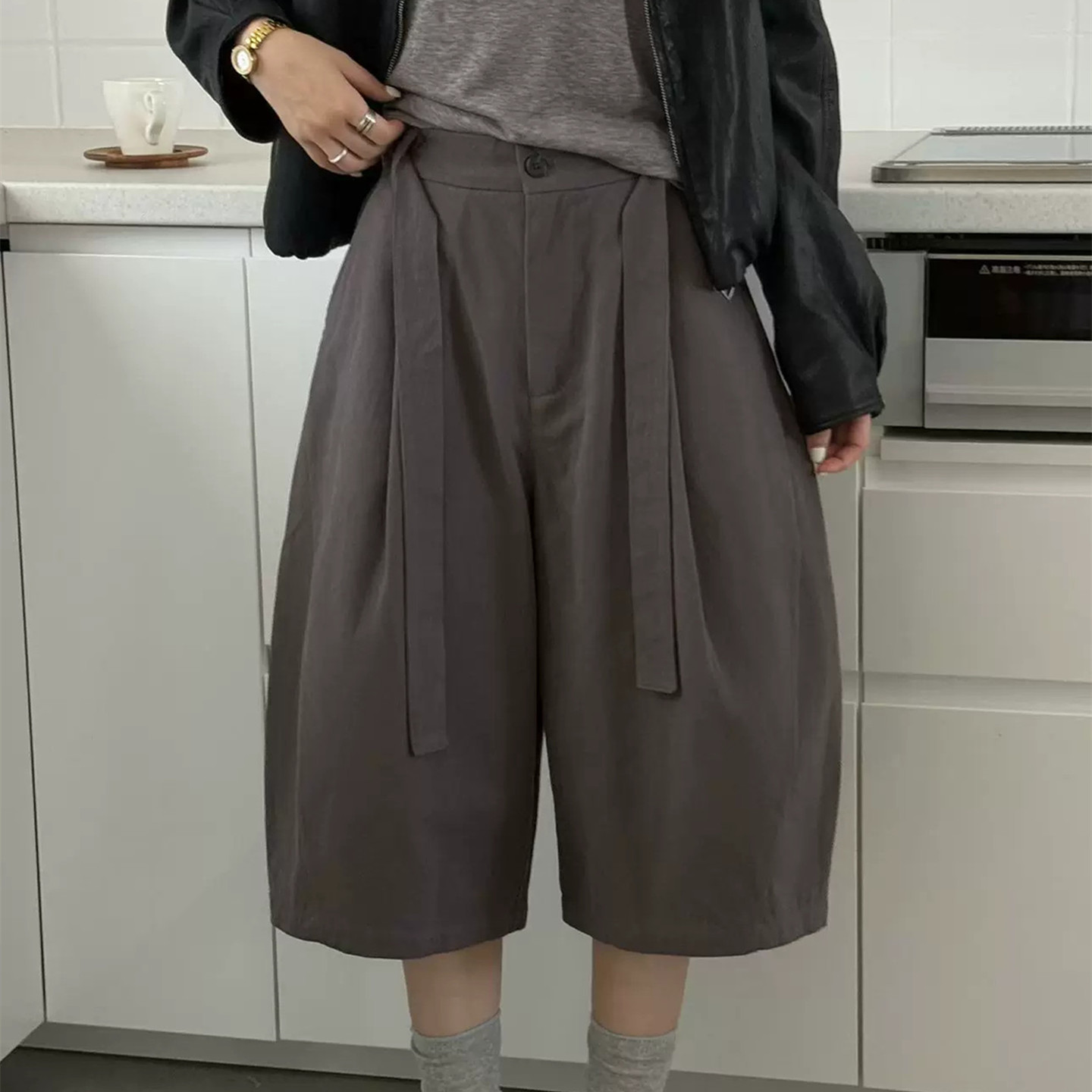 高腰显瘦百搭休闲中裤女宽松阔腿