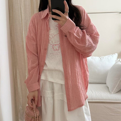 格子衬衫kt猫短袖T恤两件套女