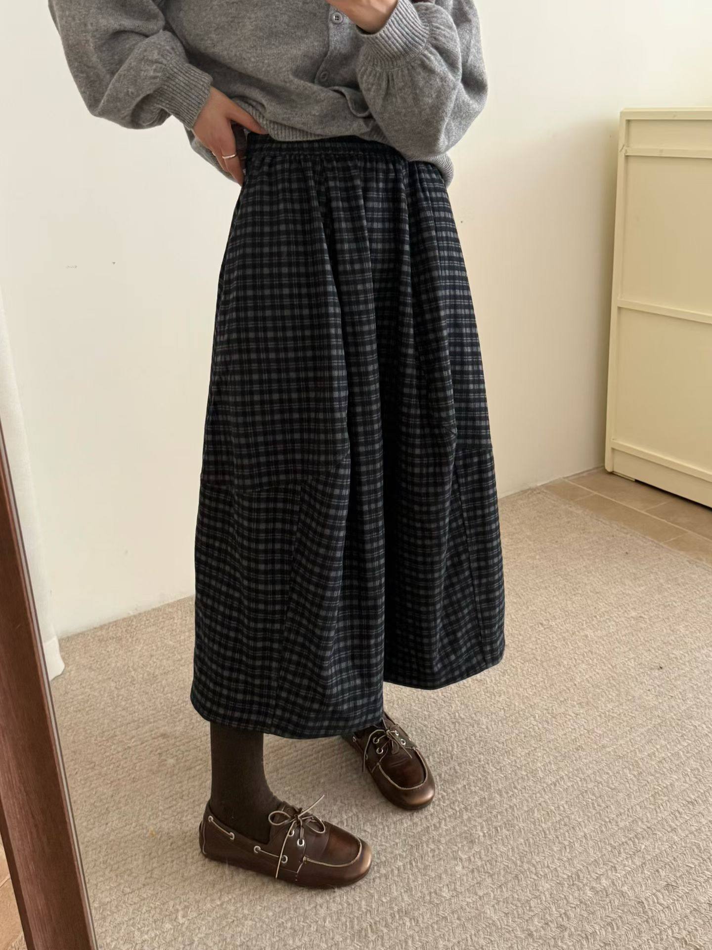 韩系复古格子半身裙女2025秋冬新款高腰显瘦中长款a字裙百搭伞裙